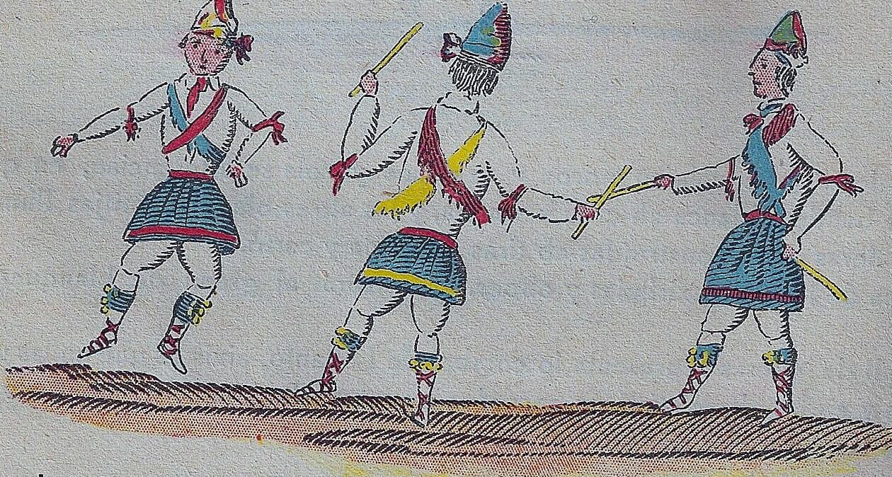 Historical colour drawing of three bastoners raising and crossing sticks before 1890