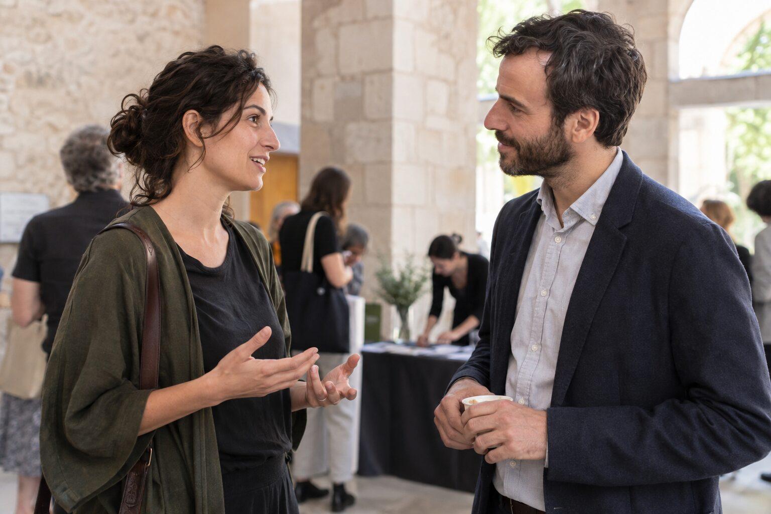 Two adults speaking attentively at a cultural event reception