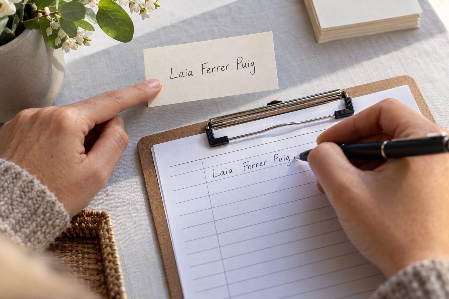 Event volunteer copying the full fictional name Laia Ferrer Puig from a card onto a registration list