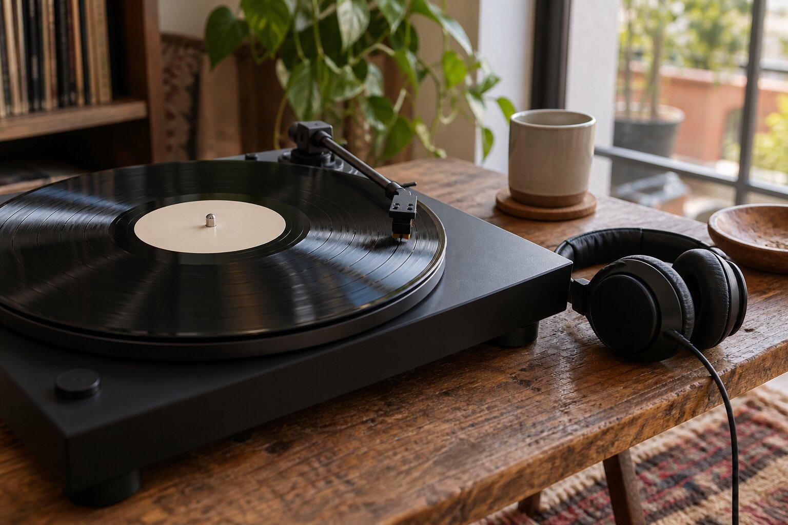 Illustration of a plain vinyl record and headphones on a wooden table
