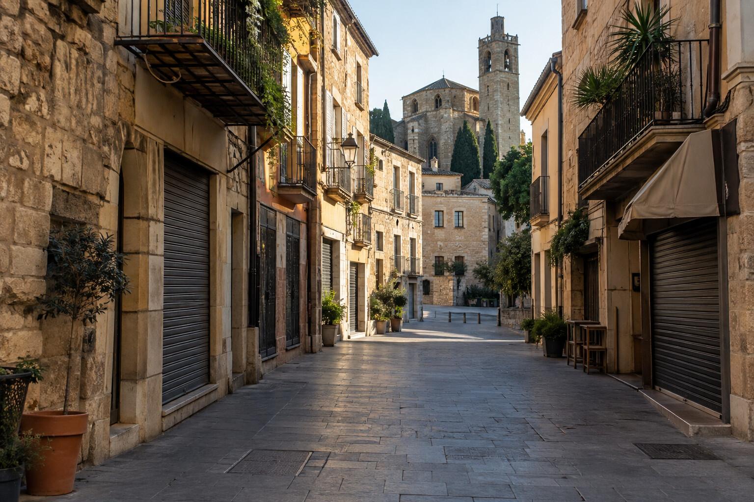 Quiet shuttered shops on a Catalan public holiday morning