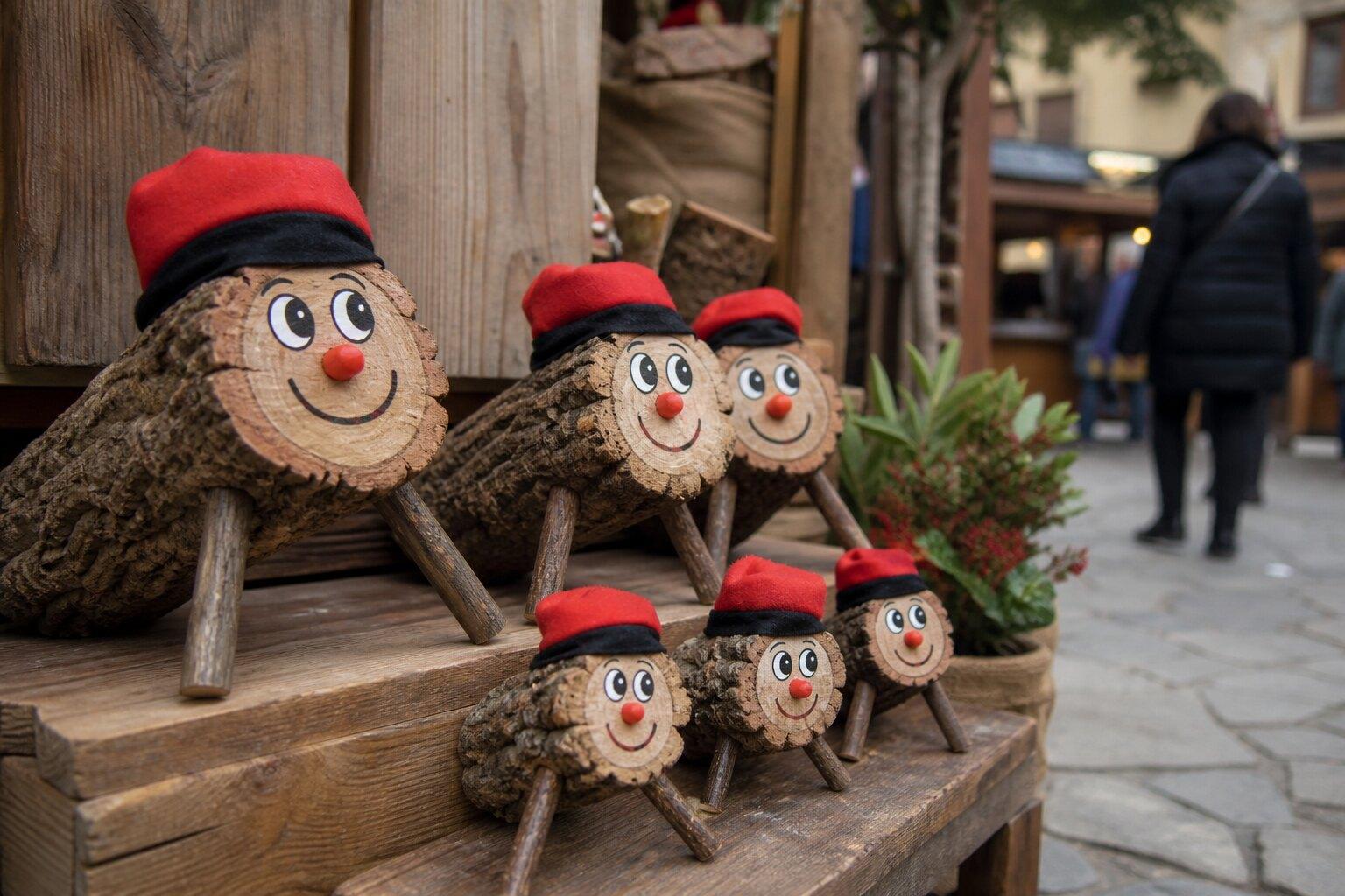 Handmade Tió logs displayed at a Catalan holiday market