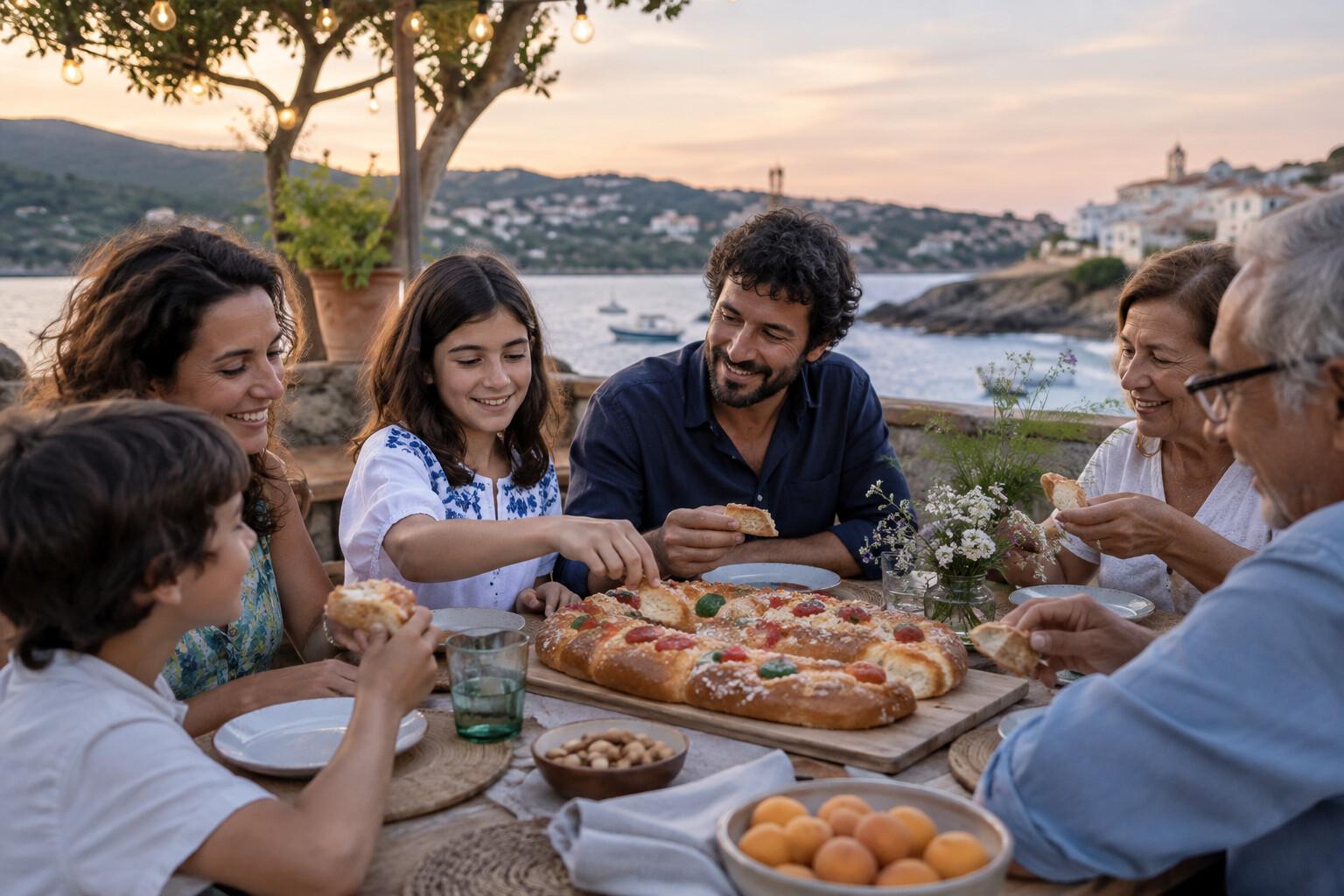 Families sharing coca de Sant Joan at an outdoor table