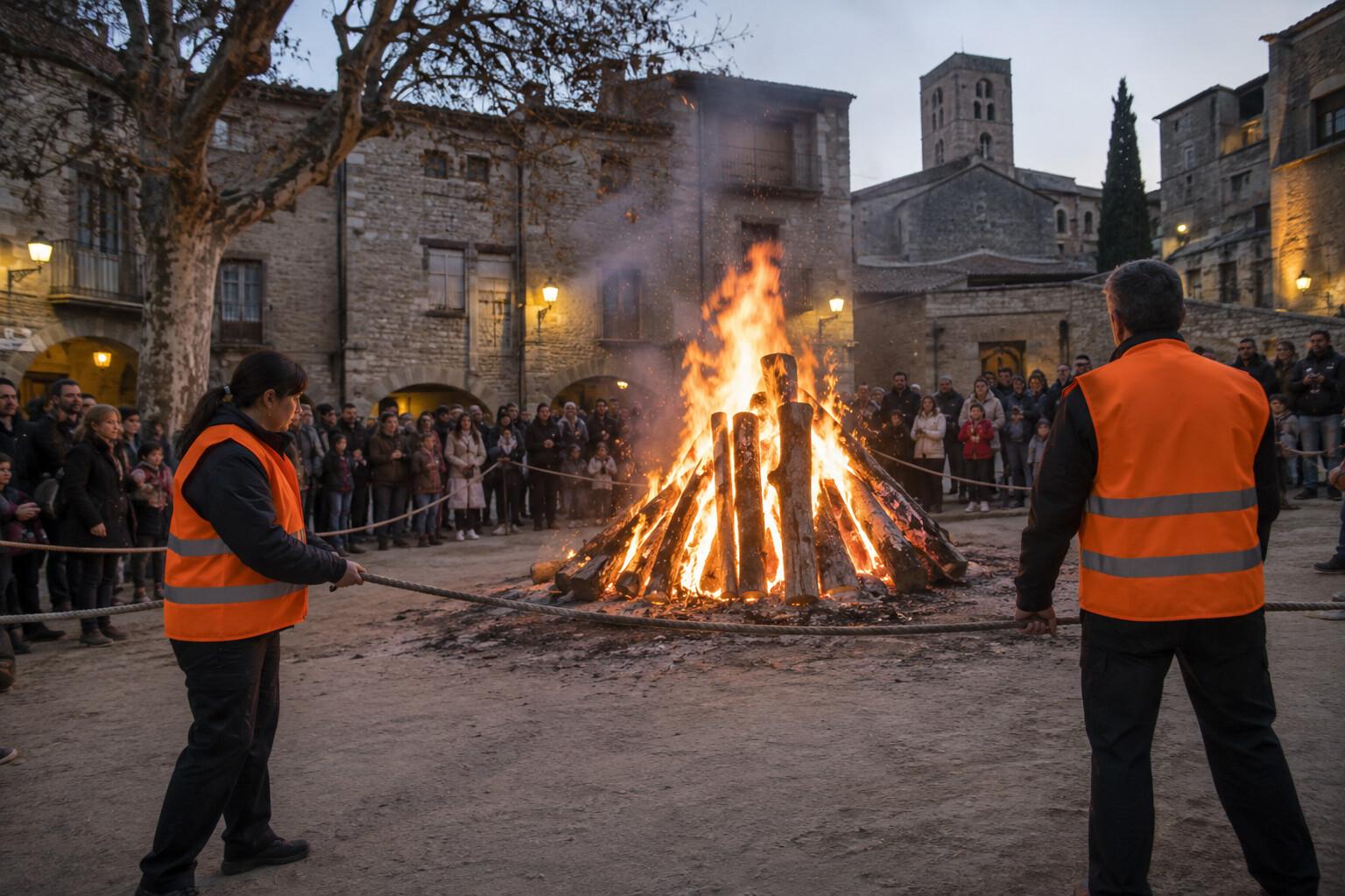Public festival stewards marking a safe boundary around a bonfire