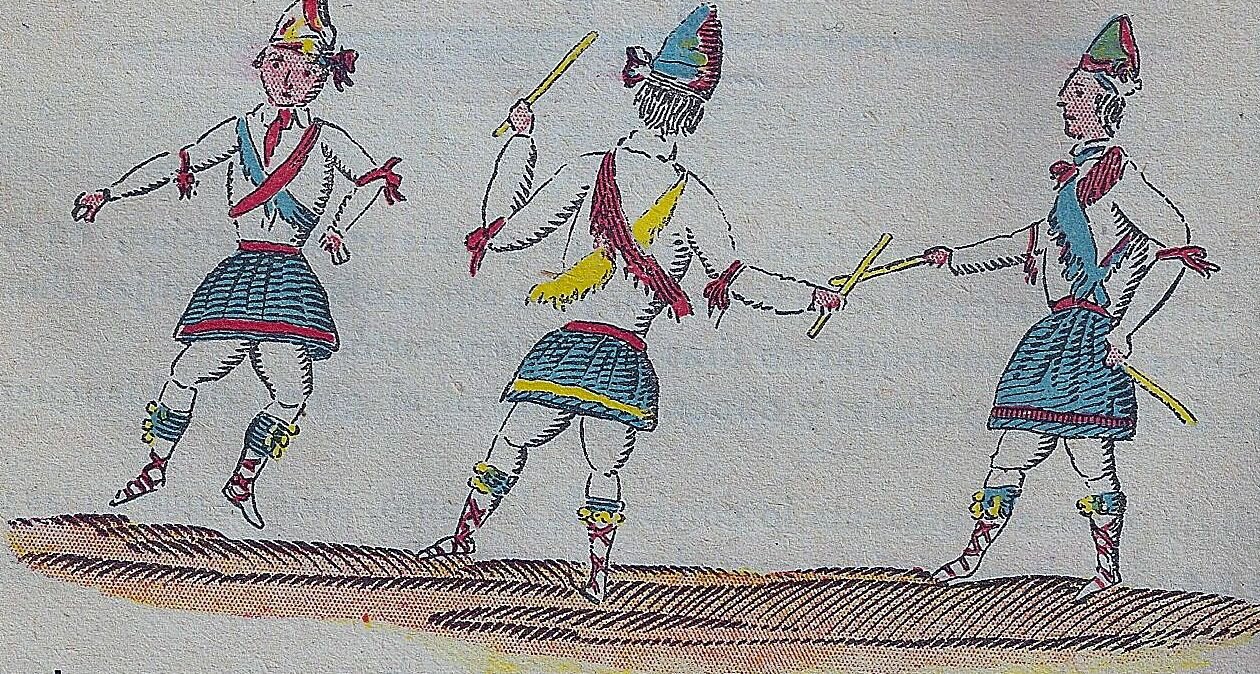 Historical colour drawing of three bastoners raising and crossing sticks before 1890